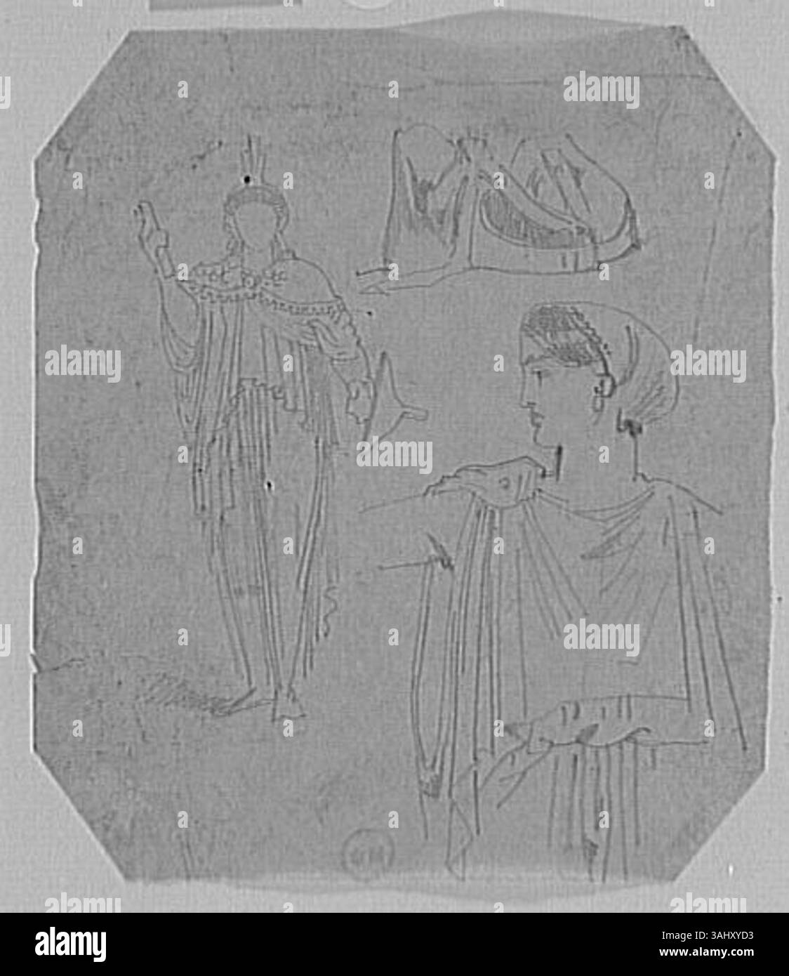 La feuille d'études d'après l'antique de Gustave Moreau présente une série de dessins inspirés de sculptures classiques anciennes. Les études reflètent la profonde admiration de Moreau pour l’art classique et son désir d’apprendre des techniques anciennes. Il est conservé dans la collection du Musée Gustave Moreau. Banque D'Images