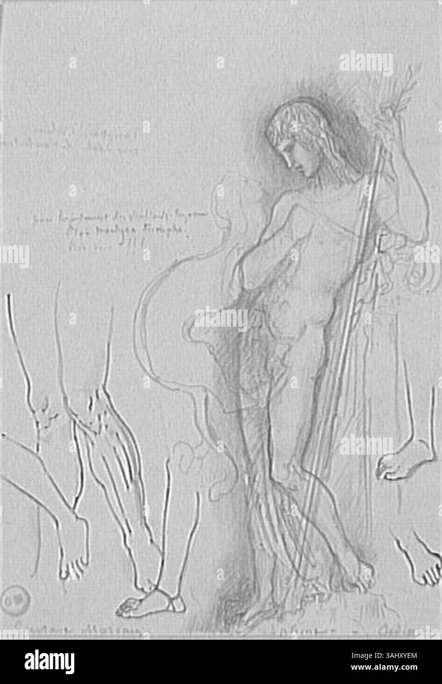 Fiche d'étude de Gustave Moreau pour Oedipe et le Sphinx, datant de 1850 à 1895. La pièce montre diverses études de la scène mythologique, avec Œdipe assis et le Sphinx face à lui. Banque D'Images