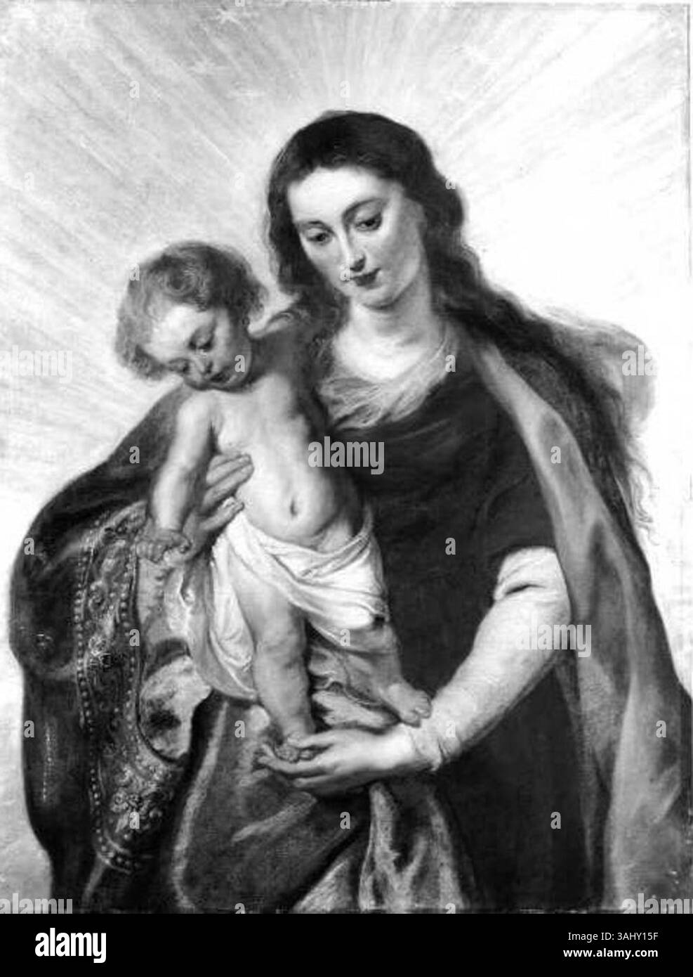 Cette peinture, "Marie dans le halo" de Peter Paul Rubens, représente la Vierge Marie entourée d'une lumière rayonnante. Il a été créé dans l’atelier de Rubens et est maintenant détenu par la Fondation Prussienne des palais et jardins. Banque D'Images