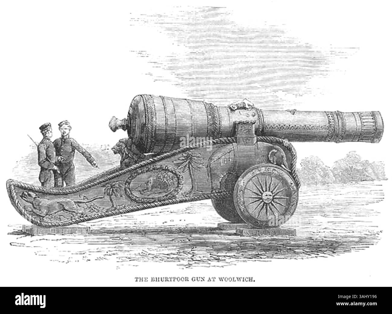 Le canon Bhurtpoor, capturé par l'armée britannique lors du siège de Bhurtpoor, est illustré dans cette gravure tirée de l'Illustrated London News, 1861. Le grand canon, construit vers 1677 sous le règne d'Aurangzeb, est exposé à Woolwich et a été utilisé pour tirer des projectiles lourds pesant jusqu'à 60 livres. Banque D'Images