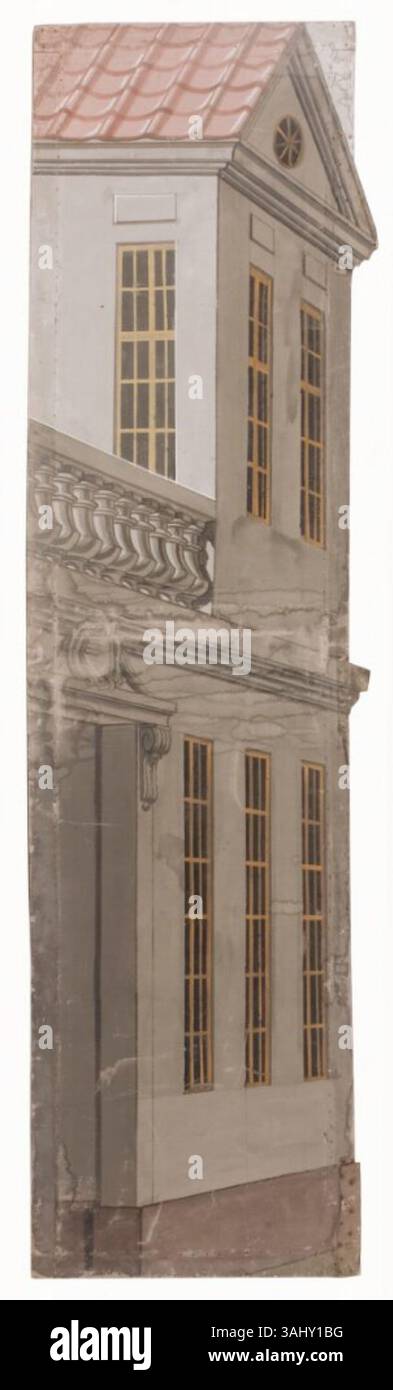 Cette peinture fait partie d'une série de décors de scène pour la pièce suédoise 'en stad', créée entre 1780 et 1789. Il représente le côté droit de la scène avec une façade de maison, soulignant les éléments artistiques de la conception théâtrale suédoise. Banque D'Images