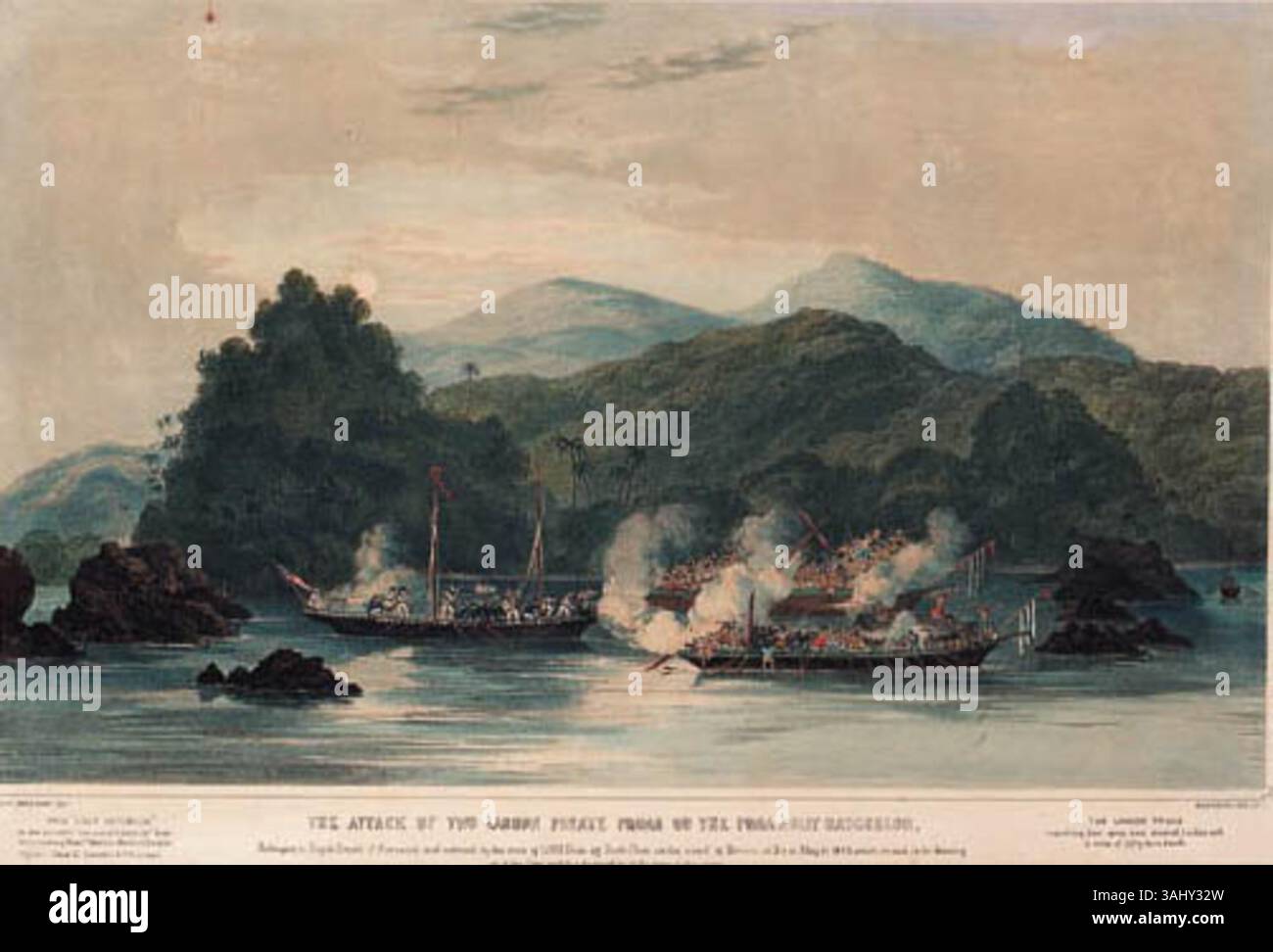Ce tirage de 1845 illustre l'attaque par deux proas pirates sur le Proa Jolly Batchelor, commandé par Rajah Brooks de Sarawak, au large des côtes de Bornéo en 1843. L'attaque s'est produite près de Datto point et a été observée par l'équipage du HMS Dido. Banque D'Images
