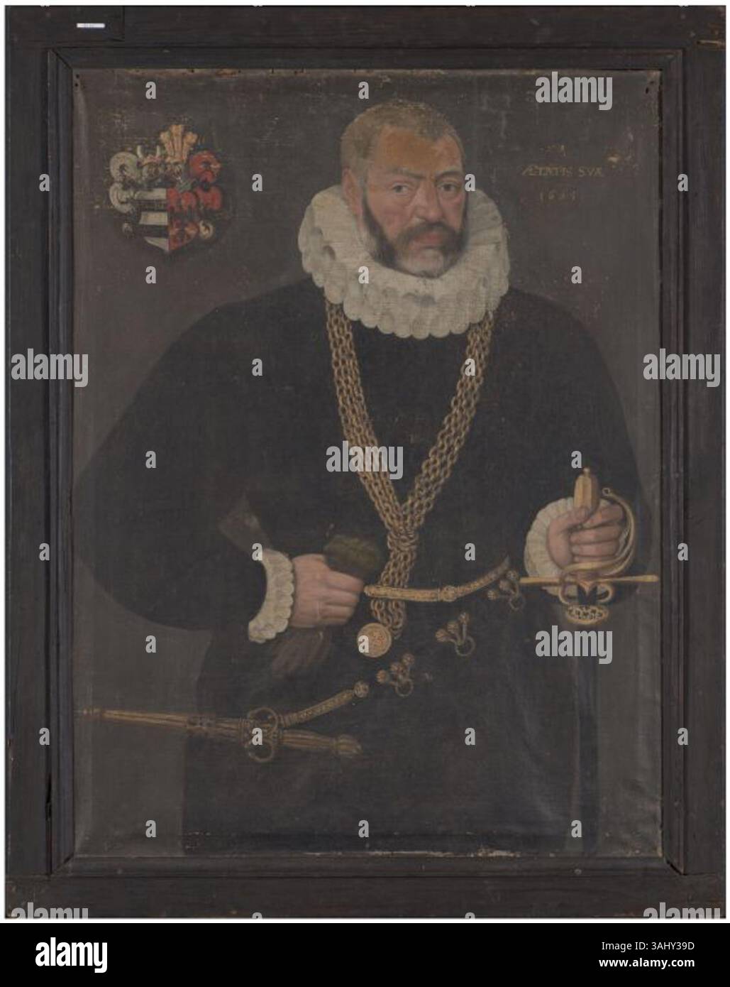 Ce portrait de 1605 d'un homme non identifié est une huile sur toile réalisée par un artiste anonyme, conservée au Fries Museum. Banque D'Images