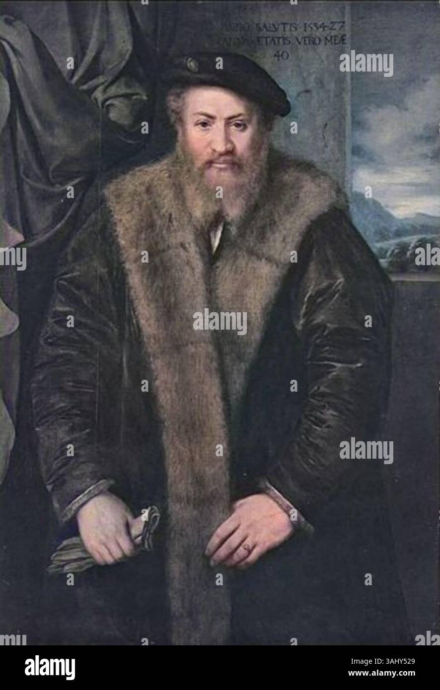 Portrait d'un homme dans un manteau de fourrure (1534) de Jan van Calcar est une peinture à l'huile détaillée représentant un homme dans un manteau de fourrure luxueux. Il peut représenter le roi Sigismond Ier l'ancien, mettant en valeur des portraits détaillés et la mode Renaissance. Banque D'Images