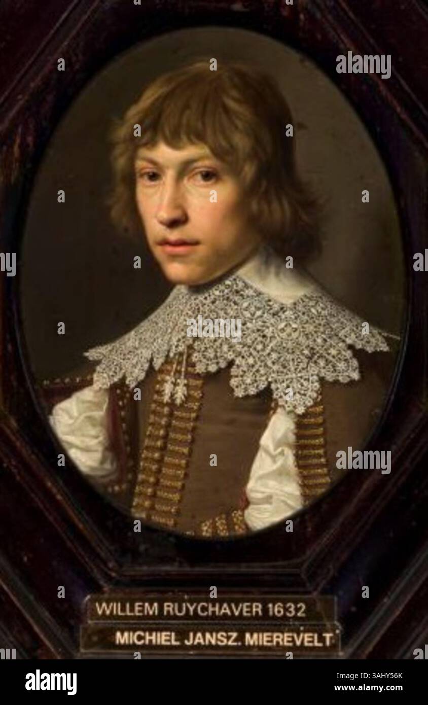 Attribué à David Bailly, ce portrait de Willem Ruychaver, réalisé en 1632, met en valeur un marchand hollandais à l’expression digne. L'huile sur panneau souligne le statut et la richesse du sujet pendant l'âge d'or néerlandais. Banque D'Images