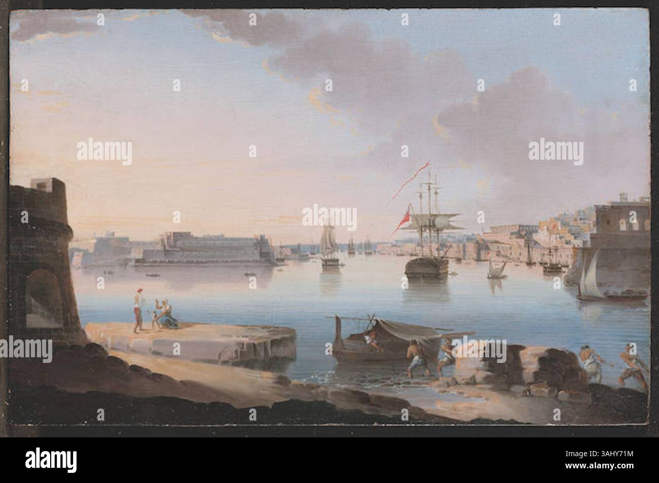 « Le Grand Port de Ras Hanzir » de Giorgio Pullicino (entre 1800 et 1850) capture une vue panoramique du Grand Port de Malte, mettant en valeur les techniques de paysage détaillées de Pullicino. La peinture reflète la fascination du début du XIXe siècle pour les sujets maritimes. Banque D'Images