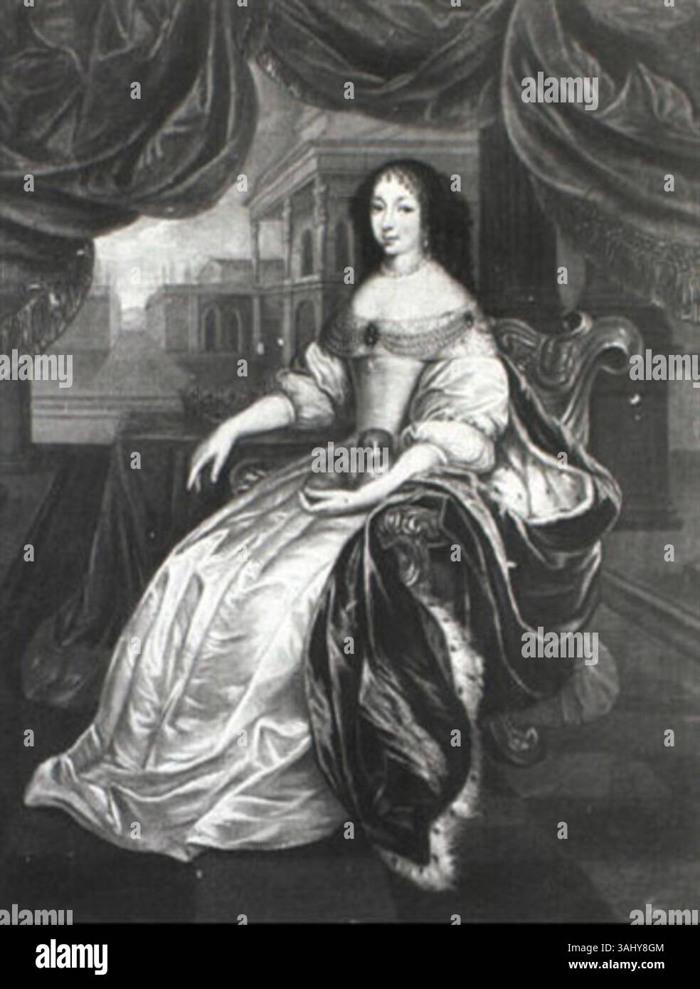 Huile sur toile du cercle de Jean Nocret, ce portrait du XVIIe siècle représente Henriette Anne d'Angleterre, épouse de Philippe d'Orléans, assise sur une terrasse. Banque D'Images