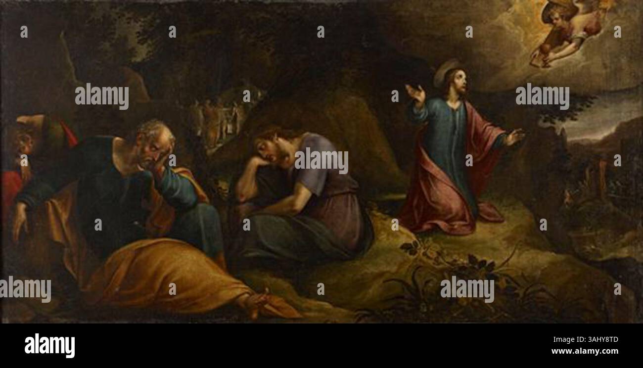 La peinture « Christ sur le Mont des oliviers », attribuée à l'école Lombard vers 1600, est une huile sur toile représentant l'agonie biblique dans le jardin. Il fait partie de la collection d'art religieux des National Galleries of Scotland. Banque D'Images