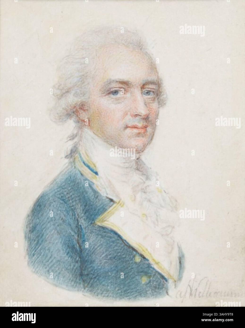 Ce portrait, réalisé par John Smart en 1775, représente le capitaine John Williamson, un officier de marine controversé qui a rejoint le capitaine Cook lors de son troisième voyage d'exploration en 1776. L'aquarelle sur crayon capture sa ressemblance dans les détails complexes. Banque D'Images