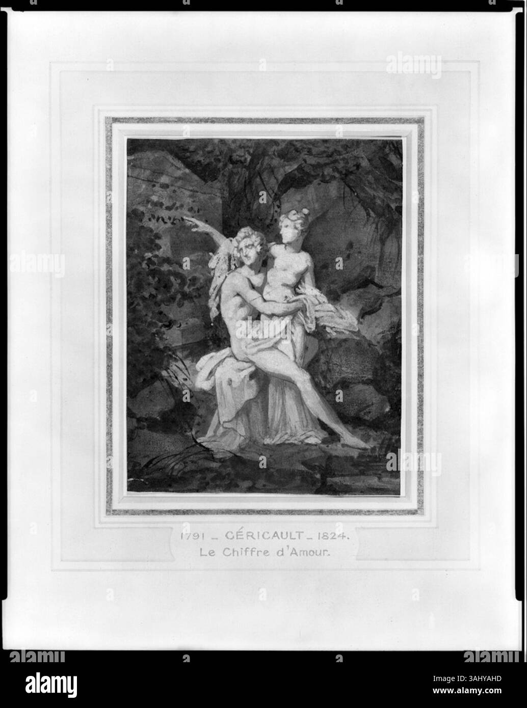 Le chiffre de l’amour d’Henri-Joseph de forestier du XIXe siècle utilise du lavis brun et de la gouache blanche sur graphite, illustrant un thème romantique ou symbolique avec une approche délicate et texturée du papier. Banque D'Images