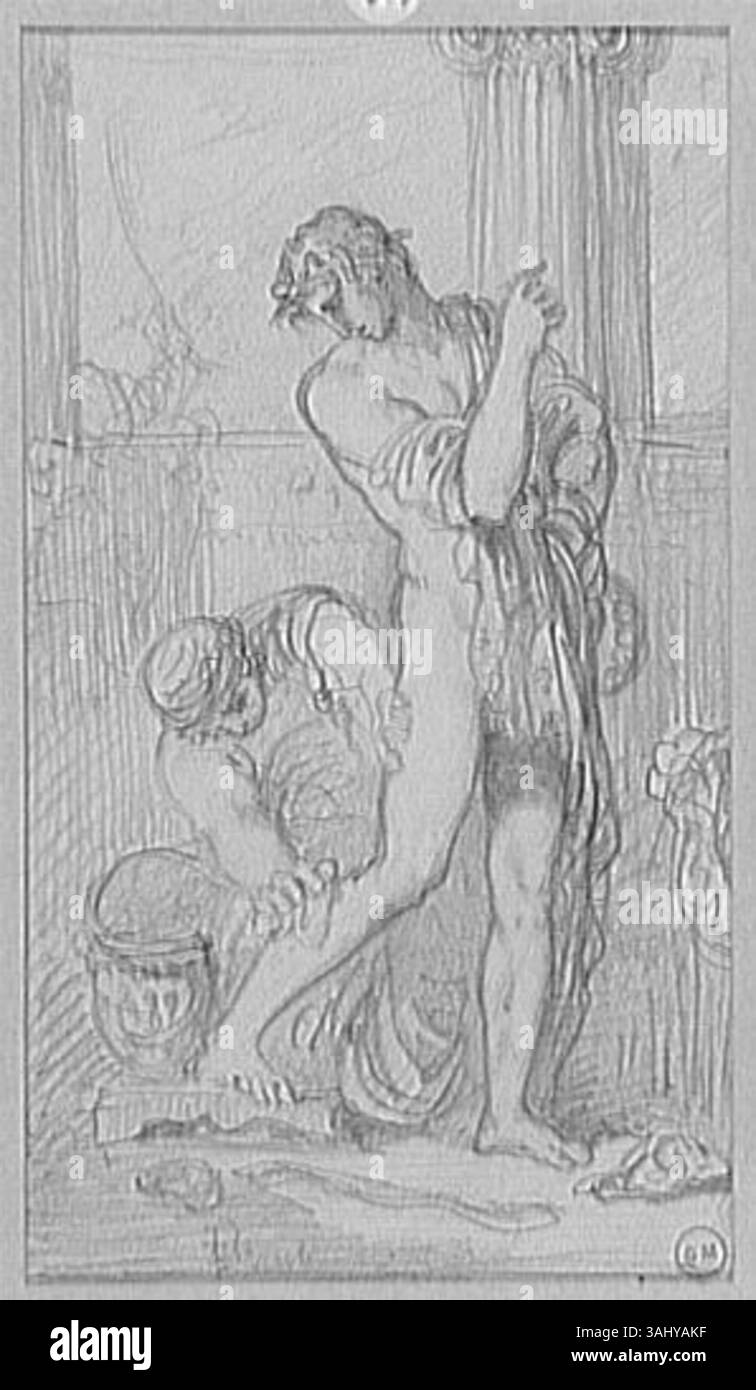 'Ulysse reconnue par sa nourriture' de Gustave Moreau dépeint le moment émotionnel de la reconnaissance d'Ulysse par son infirmière, illustrant une scène dramatique et intime de 'Odyssée' d'Homère. Banque D'Images
