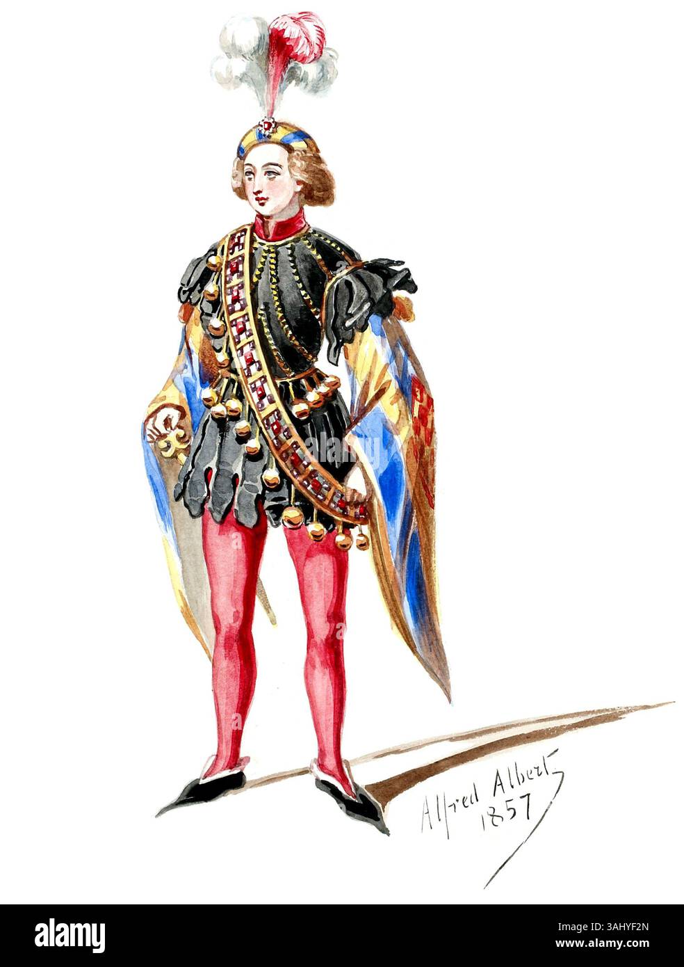 Costumes dessinés par Alfred Albert pour 'la magicienne' de Halévy, mettant en vedette huit figures féminines de l'acte 4 de l'opéra. L'illustration retouchée met en valeur les costumes d'époque complexes conçus pour les interprètes de l'opéra. Banque D'Images