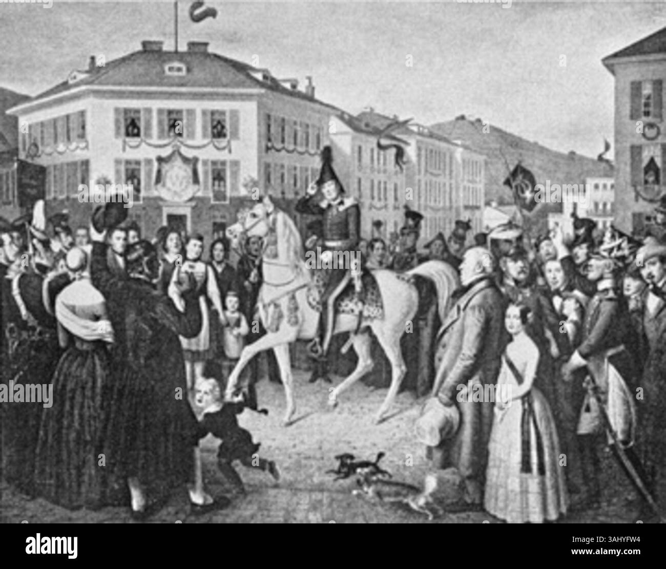 Cette peinture de 1841 de Franz Seraph Stirnbrand montre le roi Guillaume Ier sur la Friedrichsplatz, avec une femme et un enfant en costume traditionnel de Betzinger à côté de son cheval. L'huile sur toile capture un moment clé de l'histoire royale européenne du XIXe siècle. Banque D'Images