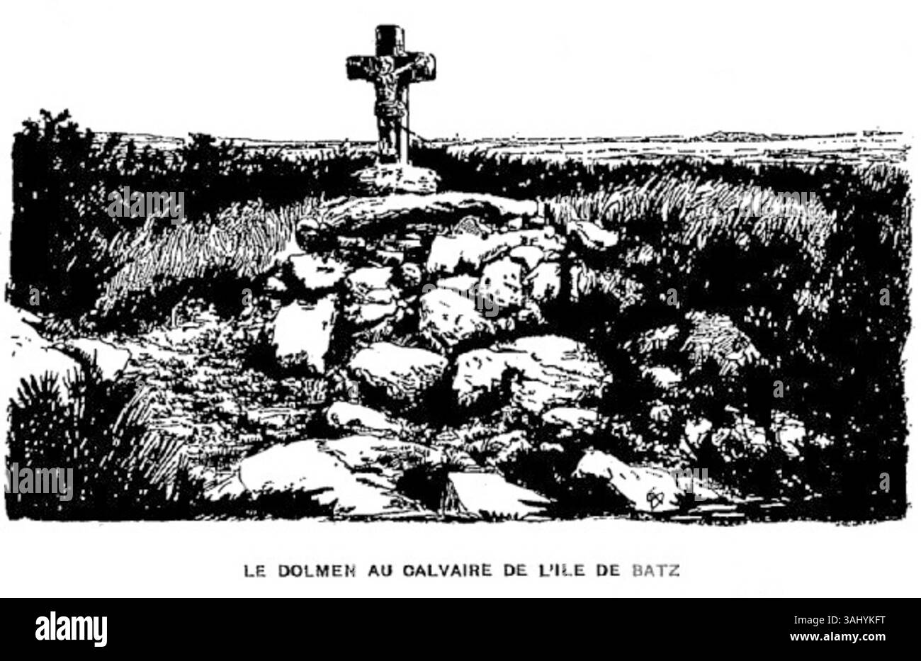Cette gravure de Georges Gustave Toudouze (1906) représente le dolmen à Île-de-Batz, France. La structure, située sur un monticule, fait partie du site où Georges Delaselle a créé un jardin colonial. Banque D'Images