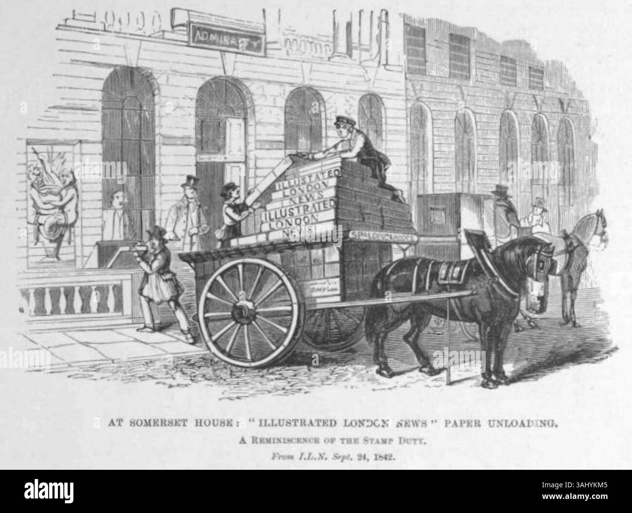 Illustration historique de 1842 montrant le déchargement de l'Illustrated London News à Somerset House. L'image rappelle le moment où le droit de timbre était un élément clé de la presse britannique. Daté du 14 mai 1892. Banque D'Images