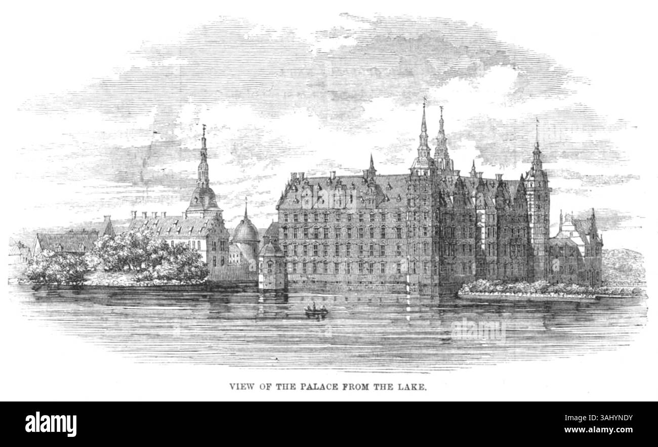 Cette illustration de 1860 tirée de *The Illustrated London News* montre le Palais Royal de Fredericksborg au Danemark, vu du lac. Le palais a été tragiquement détruit par un incendie le 17 décembre 1859. Cette estampe a été publiée le 14 janvier 1860, capturant la grandeur du palais avant sa destruction. Banque D'Images