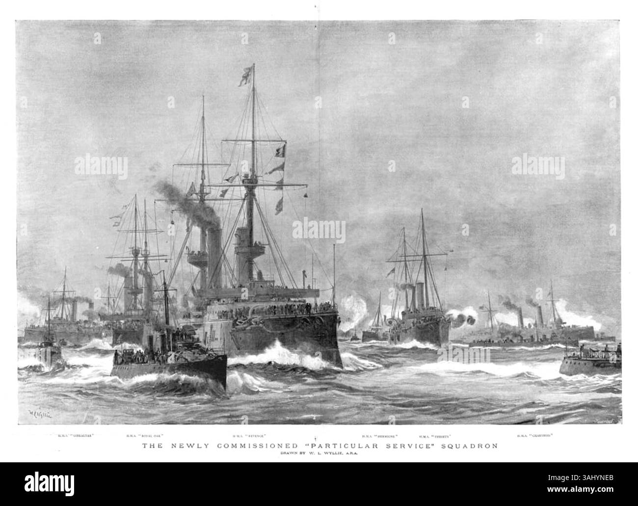 Une illustration de The Graphic du 18 janvier 1896, montrant l'escadron de services particuliers nouvellement mis en service. Il comprend des navires tels que le HMS Gibraltar, le HMS Royal Oak, le HMS Revenge, et d'autres dans une gravure sur bois. Banque D'Images