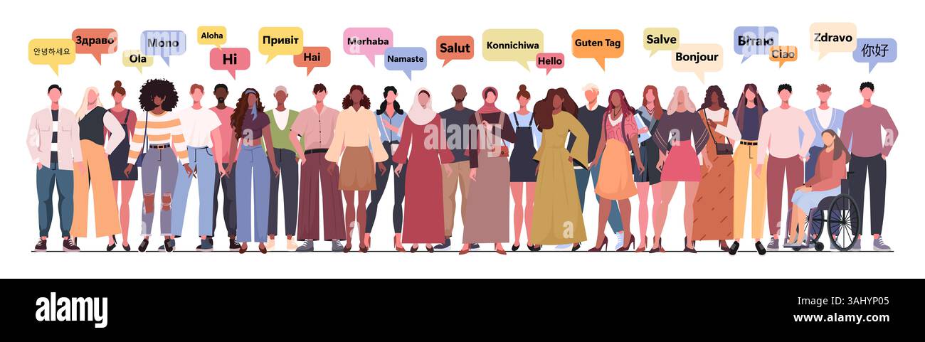 Jeunes multinationaux discutant avec des bulles de dialogue dans différentes langues. La foule dit bonjour. Illustration vectorielle. Non généré par IA Banque D'Images