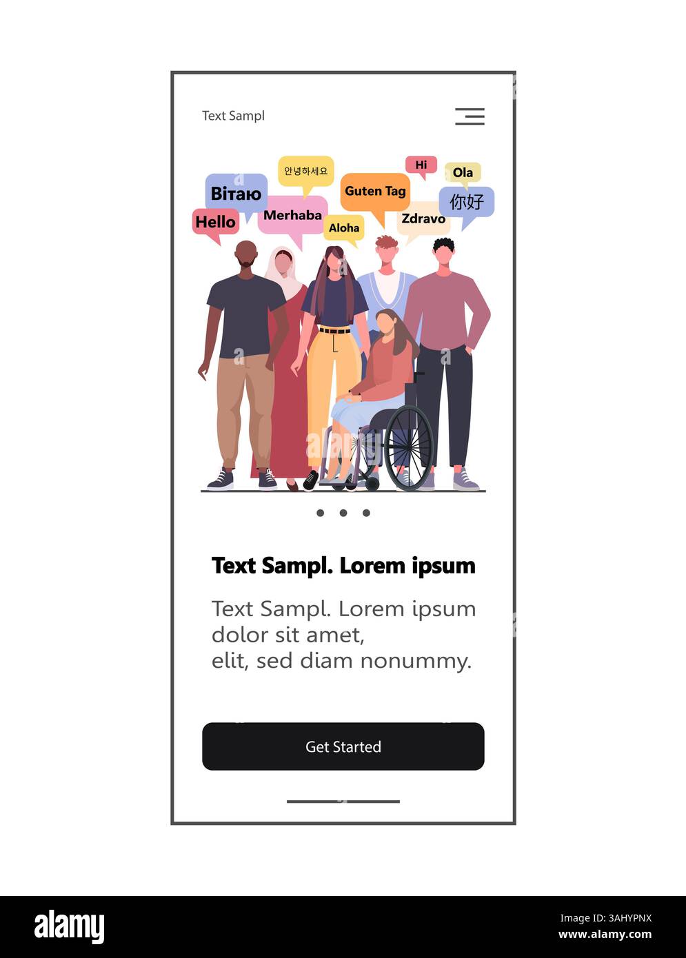 Bulles de parole. Groupe de personnes disent bonjour dans différentes langues. Conception Web et modèle mobile. Illustration vectorielle. Non généré par IA Banque D'Images