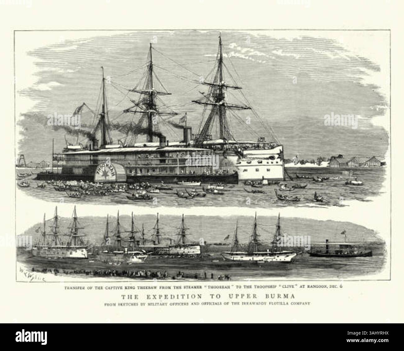 Cette gravure vintage de 1885 de William Lionel Wyllie représente le transfert du roi Theebaw du bateau à vapeur 'Thooreah' au navire de troupes 'Clive' à Rangoon, marquant un moment clé de la troisième guerre anglo-birmane. Banque D'Images