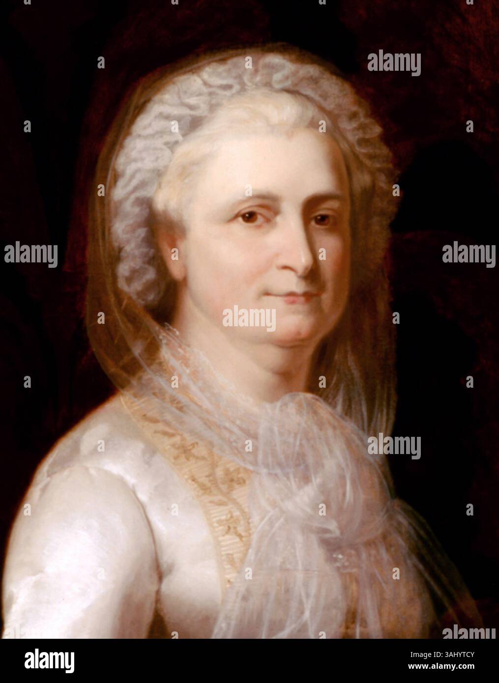 Ce portrait posthume de Martha Washington de 1878, peint par Eliphalet Frazer Andrews, est basé sur l’original de Lady Washington de Gilbert Stuart. Le mobilier et la robe anachroniques dans la peinture contrastent avec l'époque de la figure historique, mais le portrait reste un élément important de l'histoire américaine. Banque D'Images