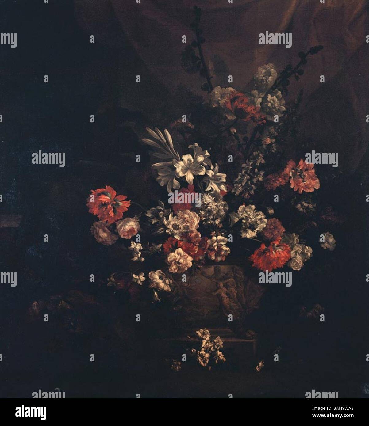 Nature morte avec un vase de fleurs, attribué à Jean-Baptiste Monnoyer, peint entre 1650 et 1699. La peinture à l'huile sur toile capture un arrangement de fleurs vibrantes dans un vase. Banque D'Images