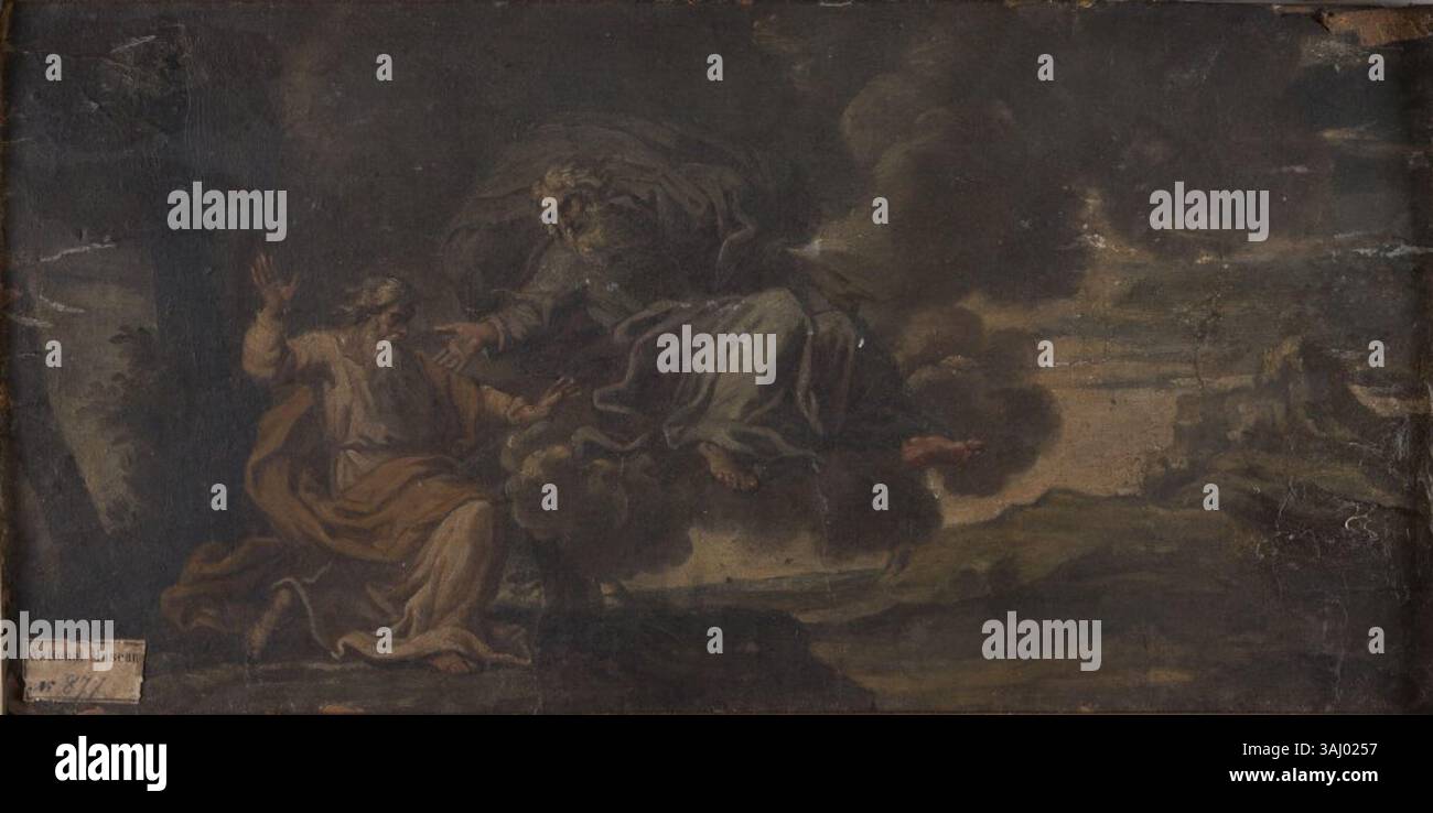 Cette peinture religieuse du XVIIe siècle, créée par un artiste anonyme, représente Moïse recevant les dix Commandements de Dieu sur le mont Sinaï. L’œuvre à l’huile sur toile, hébergée au Nationalmuseum, capture le moment biblique dans les détails les plus vifs. Banque D'Images