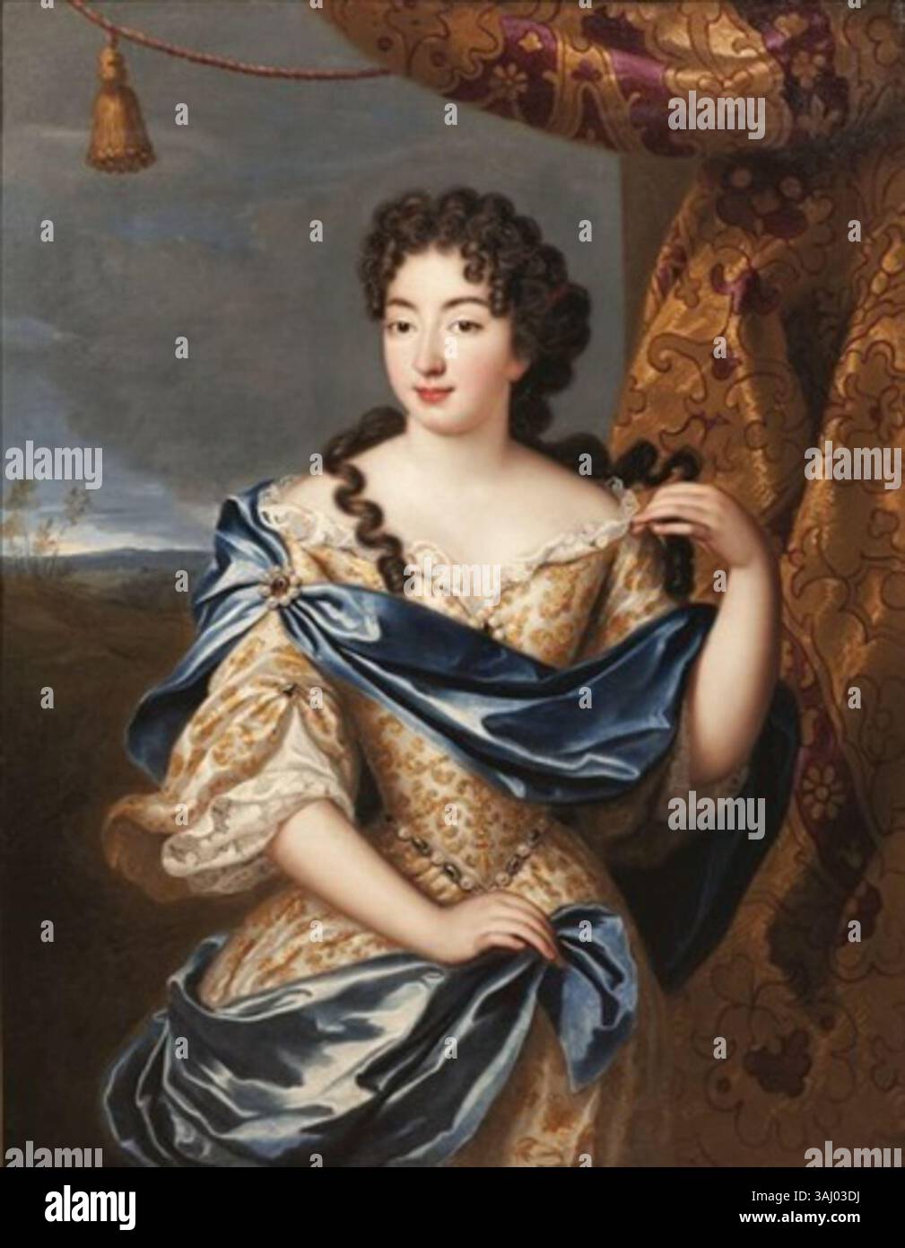 Une peinture à l'huile du XVIIe siècle réalisée par l'école française, représentant une dame de qualité de l'aristocratie française, mettant en valeur son rang noble et son comportement raffiné. Banque D'Images