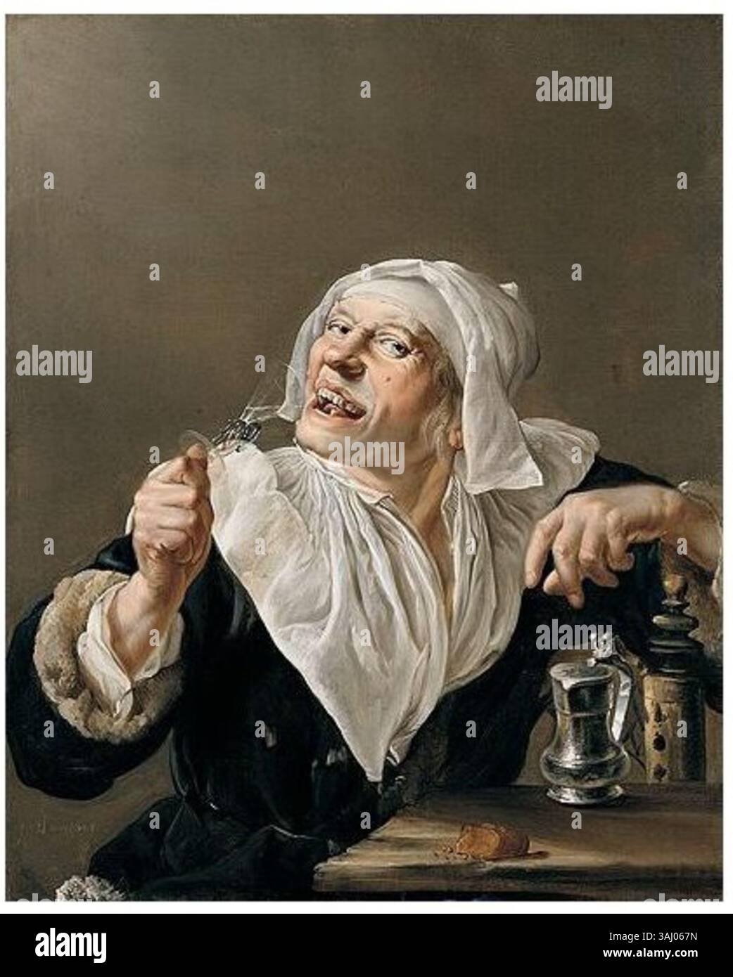 La peinture à l'huile de Petrus Staverenus datant de 1650 représente une vieille femme buvant dans un verre de vin. La pièce, une peinture de genre, met en évidence l'accent sur la vie quotidienne et les moments intimes, un thème commun dans les néerlandais du XVIIe siècle Banque D'Images