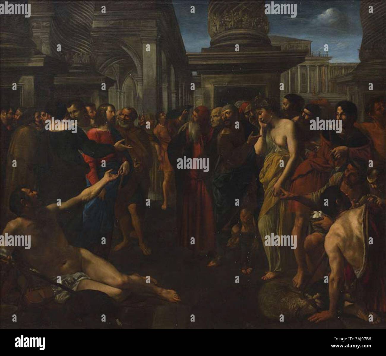 Le Christ et l'Adulteress d'Angelo Caroselli (1635-1650) capture la scène biblique de Jésus intervenant au nom d'une femme accusée d'adultère, reflétant des thèmes religieux et moraux dans un style baroque. Banque D'Images