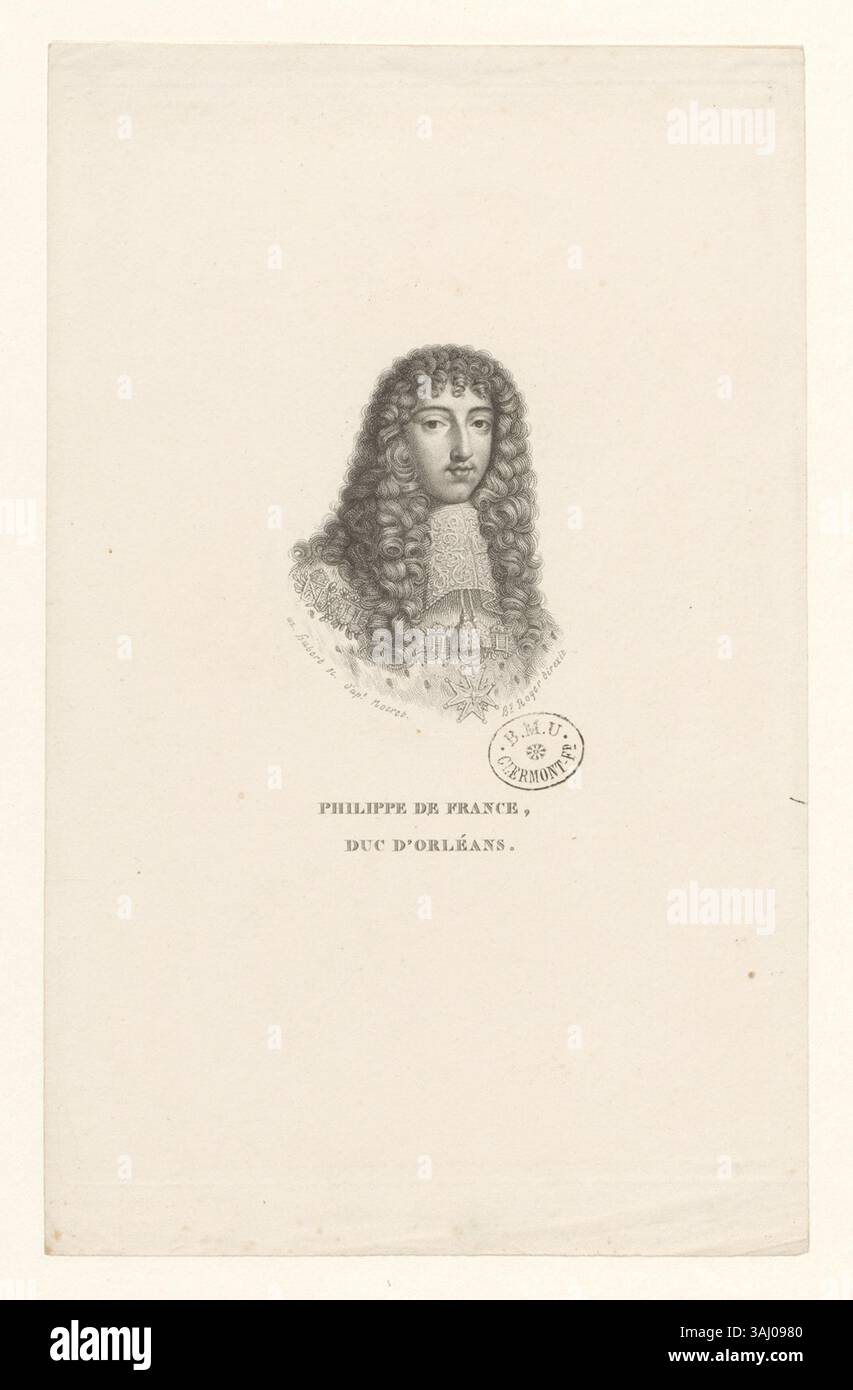 Cette estampe en taille-douce représente Philippe de France, duc d'Orléans, capturé par l'artiste Jean Nocret. Le portrait reflète son statut élevé dans la société française du XVIIe siècle. Banque D'Images