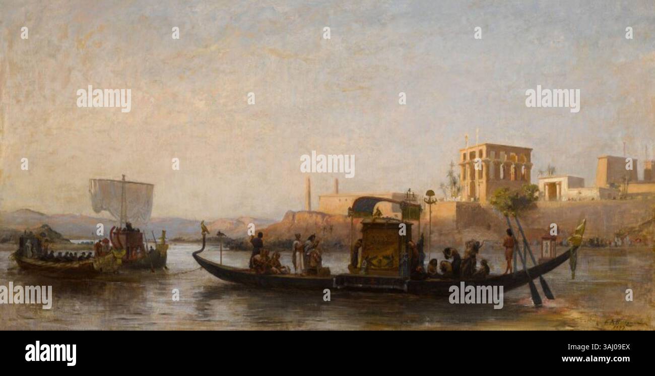 Funérailles d'une momie sur le Nil (variante) de Frederick Arthur Bridgman, peint en 1877, représente une scène funéraire égyptienne. L'huile sur toile illustre le voyage solennel d'une momie sur le Nil. Signé et daté, il capture la fascination de Bridgman pour l’égyptologie. Banque D'Images