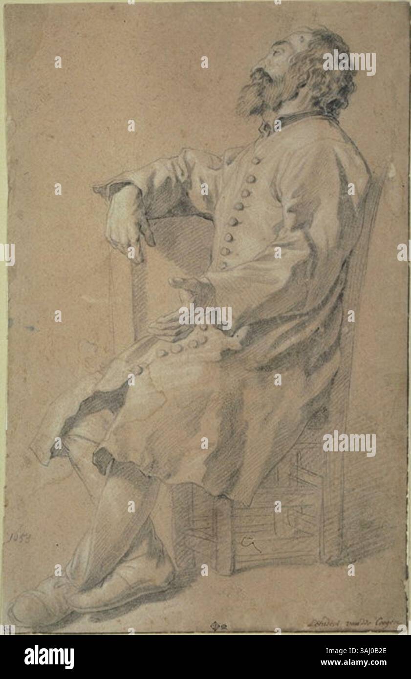 Un dessin de Leendert van der Cooghen, représentant un vieil homme barbu assis sur une chaise, tourné vers la gauche. Créée en 1653, l’œuvre est rendue à la craie noire, rehaussée de blanc sur papier bleu. Il est signé par l'artiste à la craie noire et annoté à l'encre brune. Banque D'Images