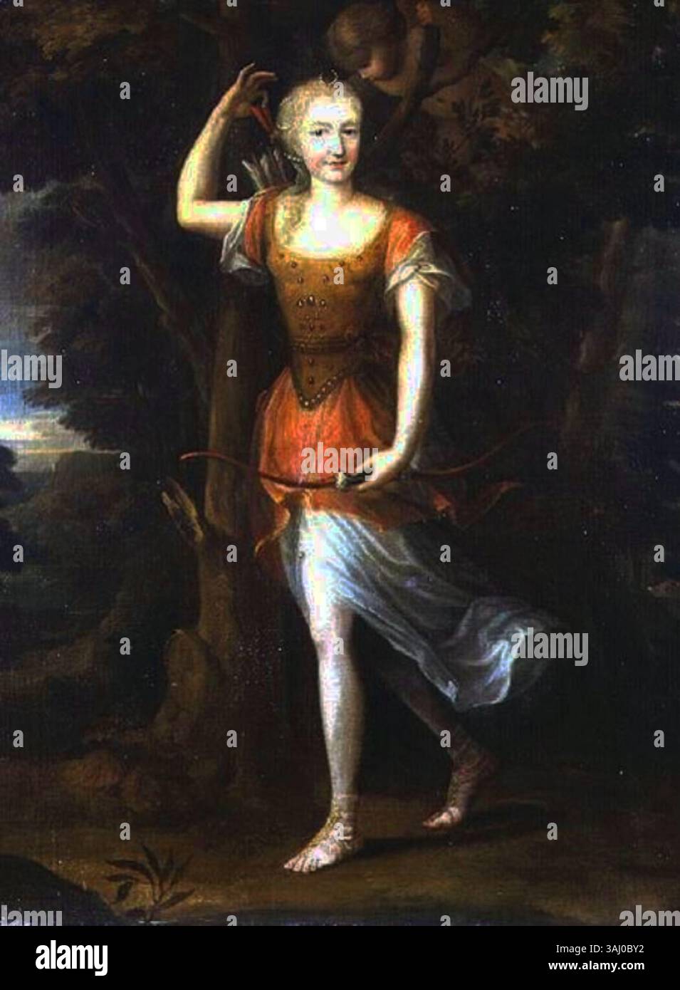 Cette peinture du XVIIe siècle du cercle de Jean Nocret représente Diane Denise de Boillon dans le rôle de Diane, la déesse romaine de la chasse, accompagnée de Cupidon. L'huile sur toile est un exemple de portrait baroque, bien que l'emplacement exact reste inconnu. Banque D'Images