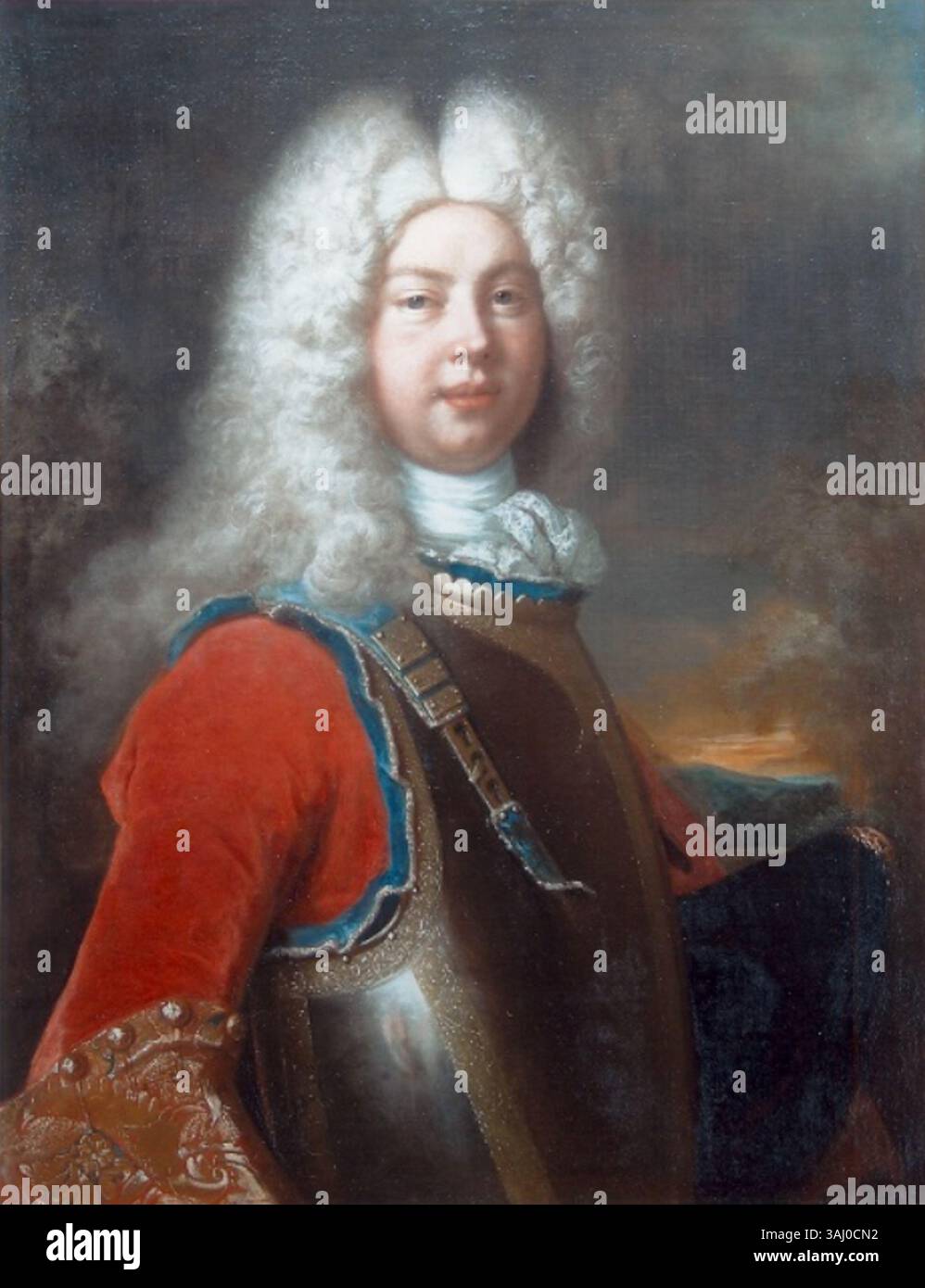 Ce portrait de 1720 de Nicolas de Largillière représente Frédéric III de Saxe-Gotha-Altenbourg comme un prince, debout devant le château de Friedenstein. L'huile sur toile met en valeur sa tenue royale et sa noble stature. Banque D'Images