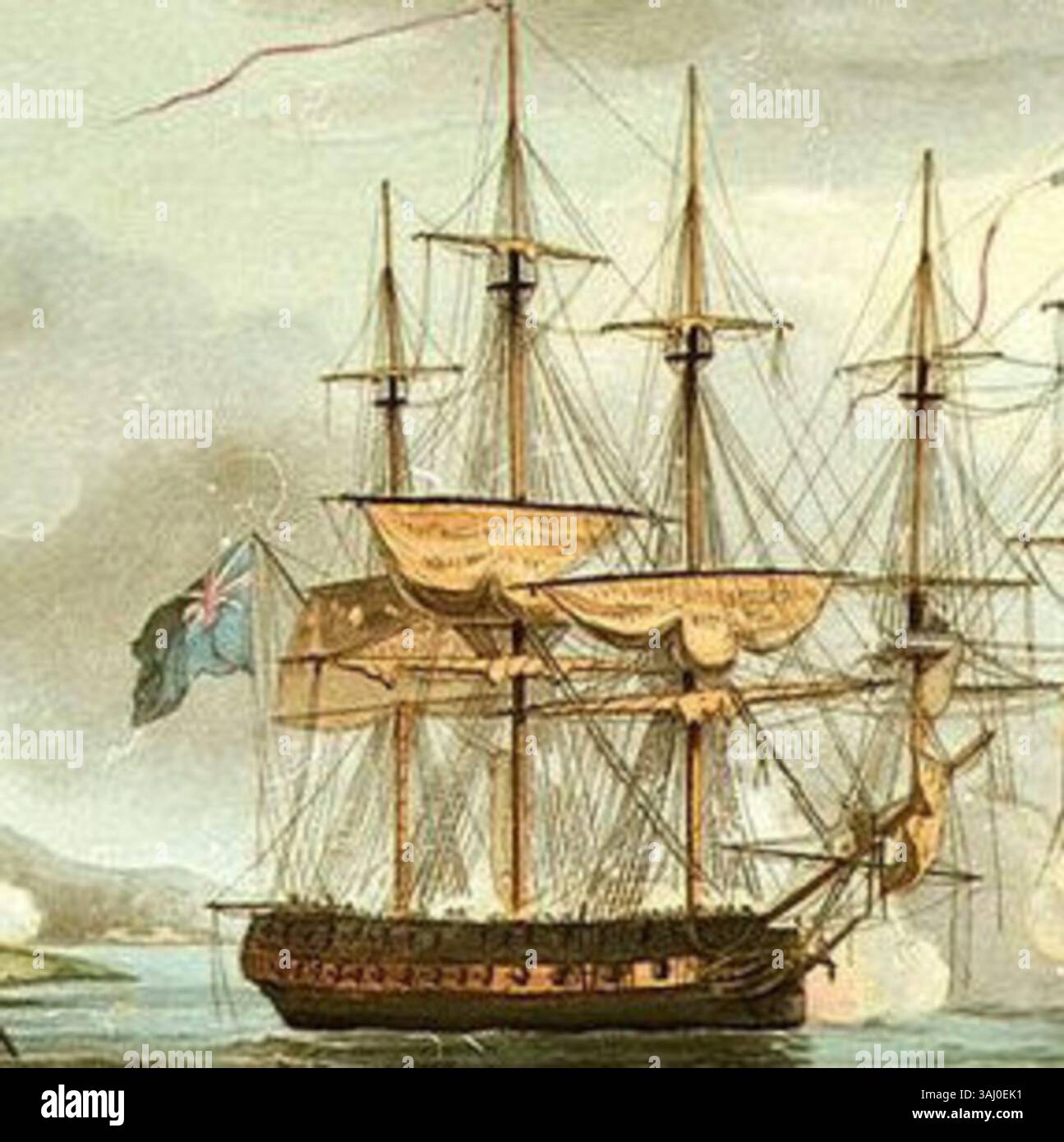 Cette lithographie, 'HMS Sybille capturant la puce', créée par Thomas Sutherland et Thomas Whitcombe, représente la capture britannique du navire français 'la puce' le 19 août 1801. Banque D'Images