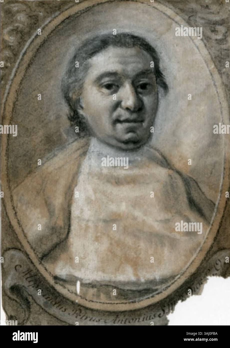 Ce tableau représente Don Pietro Antonio Aliprandi, chanoine du Duomo, dans une œuvre de Benigno Bossi (1727-1792). La pièce, qui représente Aliprandi en tenue ecclésiastique, reflète le style du portrait italien du XVIIIe siècle, mettant l'accent sur la dévotion religieuse et le baroque italien Banque D'Images