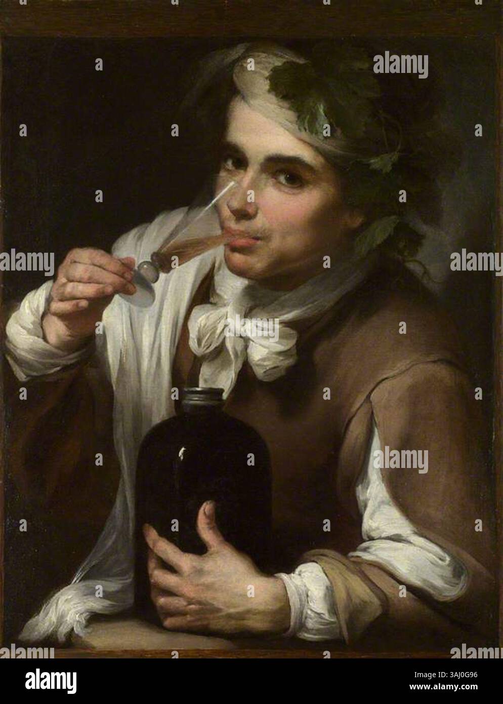 Cette peinture de 1700-1750 dans le style de Bartolomé Esteban Murillo représente un jeune homme buvant, reflétant des thèmes artistiques de genre. Banque D'Images