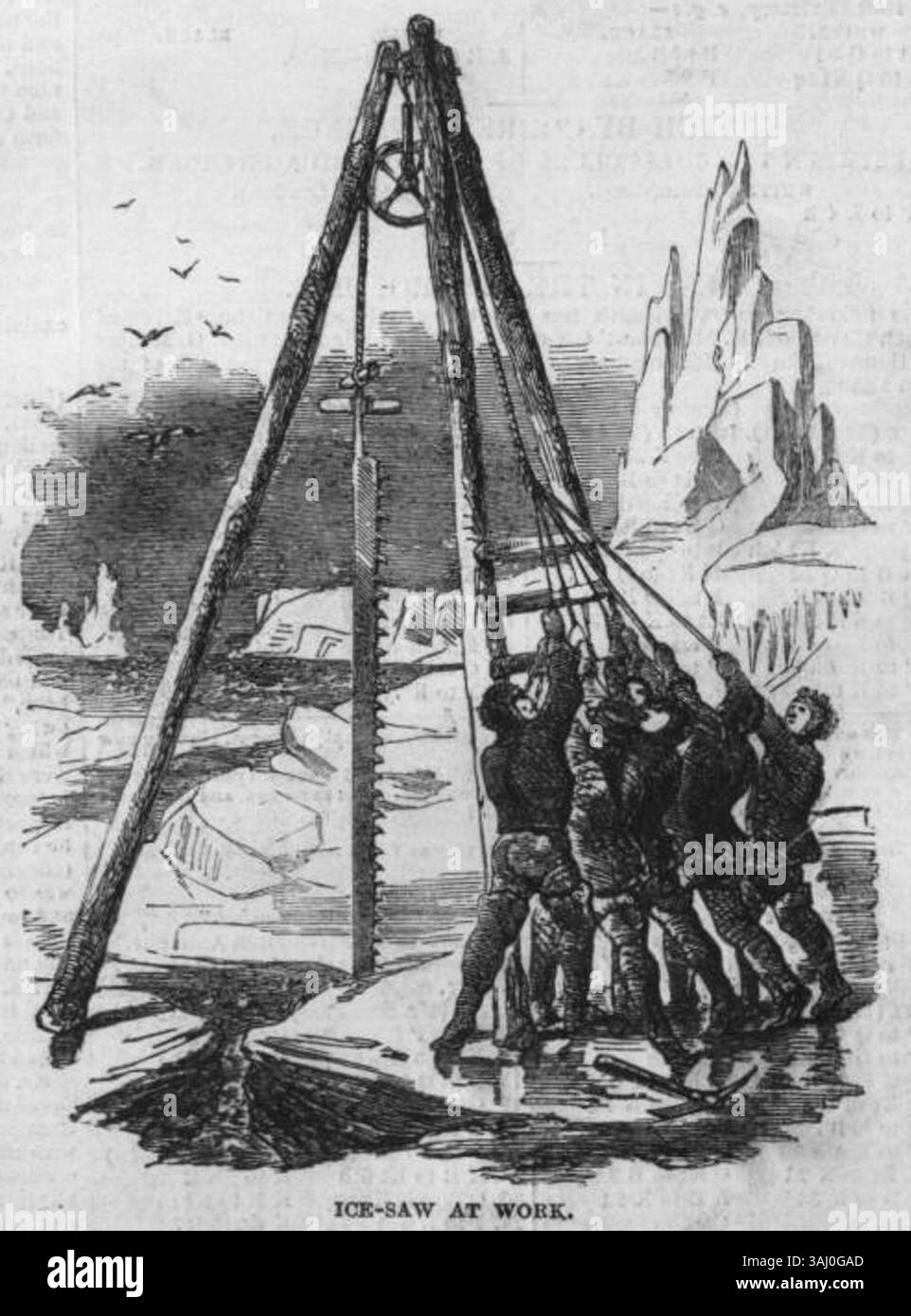Une illustration de 1849 tirée de The Illustrated London News montre une scie à glace utilisée pendant l'expédition dans l'Arctique pour rechercher Sir John Franklin. L'image met en évidence les outils et les méthodes utilisés dans l'exploration polaire du XIXe siècle. Banque D'Images