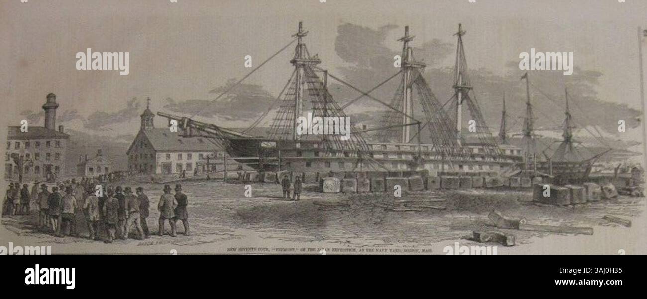 L'USS Vermont, un navire de 74 canons, est stationné au chantier naval de Boston en 1853, se préparant à l'expédition japonaise. Cependant, en raison des coûts élevés, il a été jugé trop coûteux d'envoyer le navire en mission. Le navire faisait partie des plans de l'US Navy, mais fut plus tard exclu de l'expédition. Banque D'Images