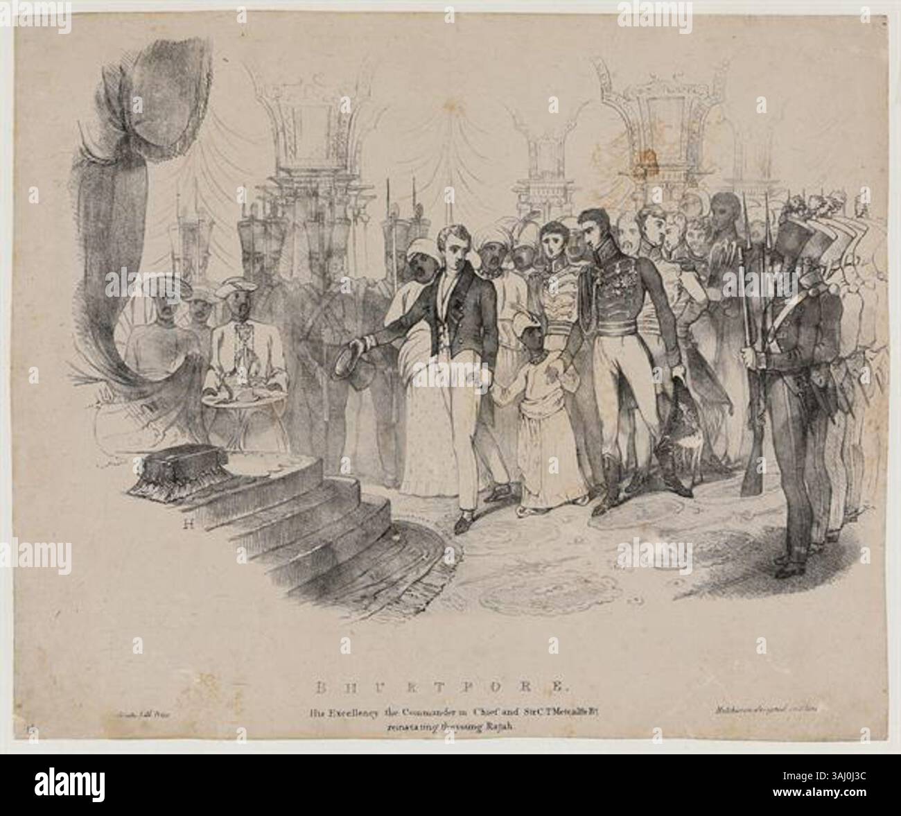 Lithographie de 1826 montrant la réintégration du jeune Rajah par son Excellence le commandant en chef et Sir Charles Metcalfe pendant la campagne de Bhurtpore. La scène met en lumière l'intervention britannique dans la politique indienne. Banque D'Images