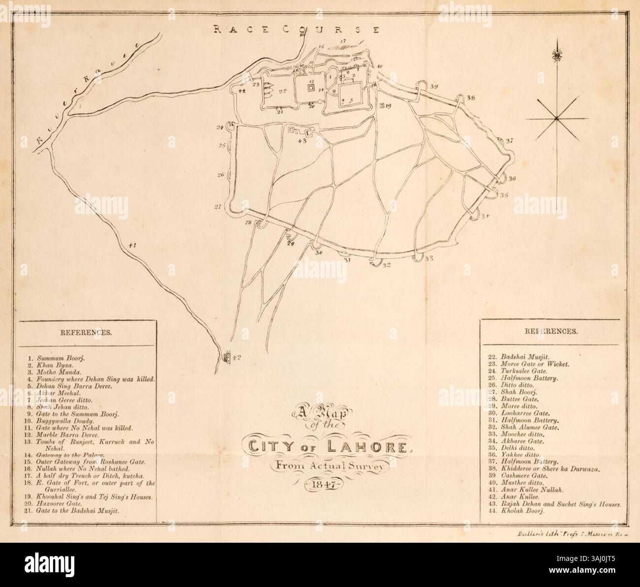 Cette carte de 1847 de Lahore, basée sur un relevé réel du major G. Carmichael Smyth, offre une représentation détaillée de la ville à l'époque coloniale. Il a été présenté comme frontispice dans un ouvrage historique sur la famille régnante de Lahore. Banque D'Images