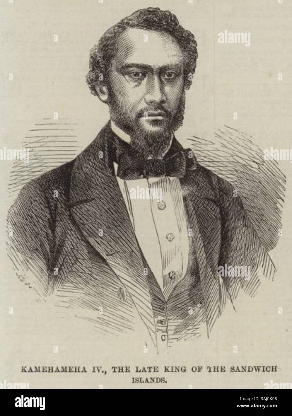Cette gravure tirée de 'The Illustrated London News' (5 mars 1864) représente Kamehameha IV, le défunt roi d'Hawaï, mettant en valeur l'image du monarque au XIXe siècle dans le contexte de l'histoire royale hawaïenne. Banque D'Images