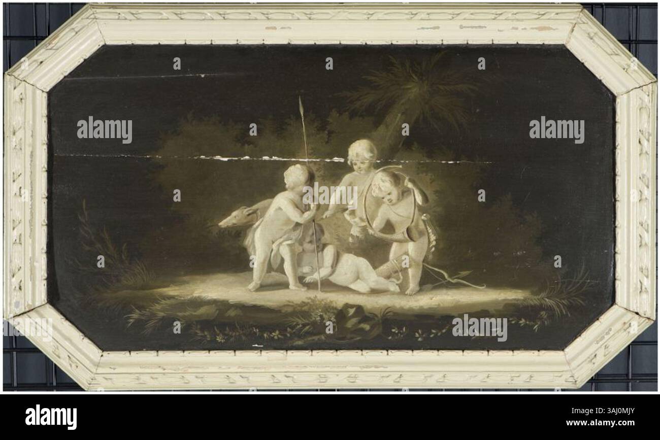 Cette peinture de 1849 représente quatre putti avec un chien, des flèches, un arc et une corne. L'huile sur panneau est conservée dans le Fries Museum, mettant en valeur la peinture de genre hollandaise du XIXe siècle. Banque D'Images