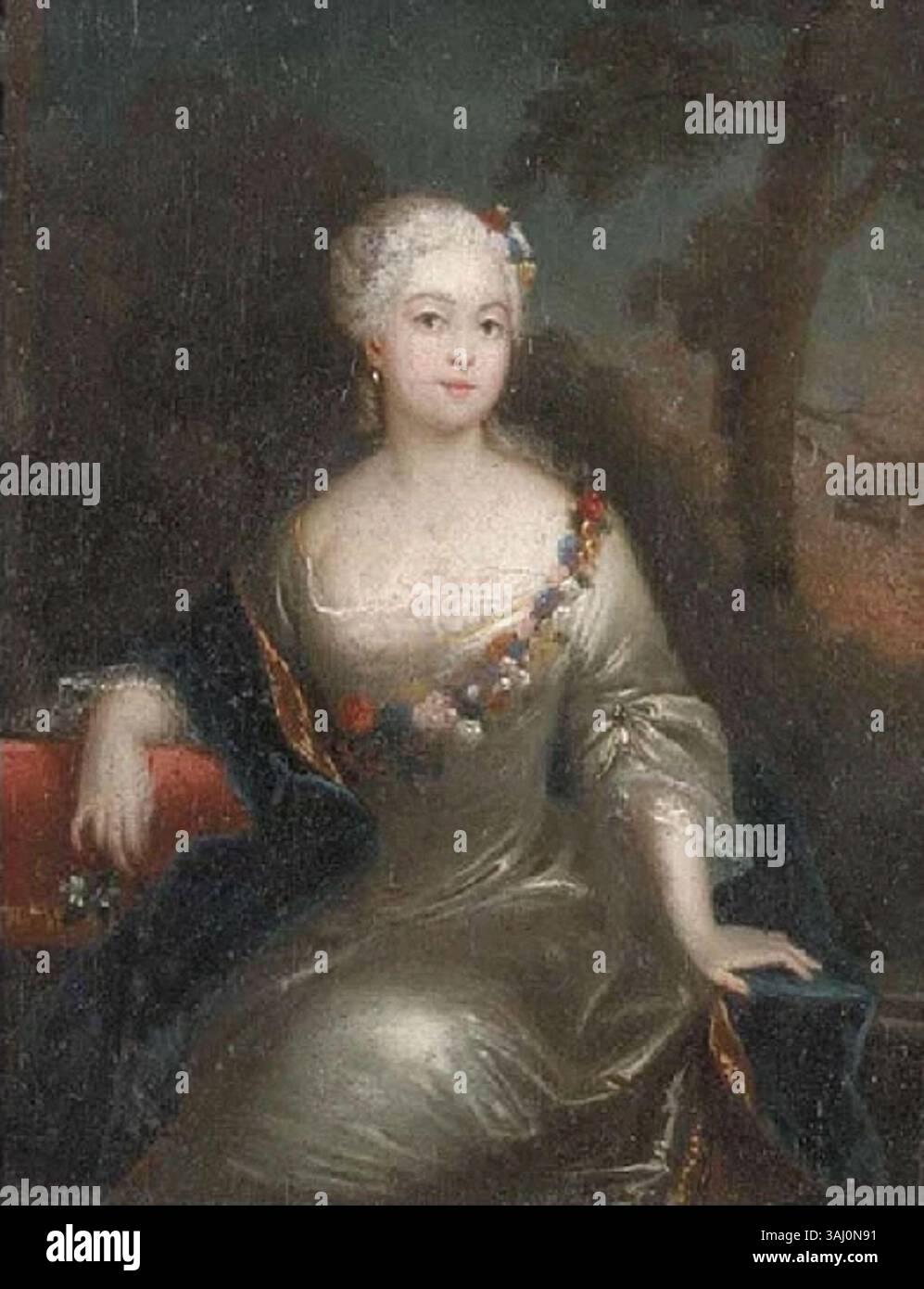 Ce portrait du XVIIIe siècle, attribué à Antoine Pesne, représente une dame vêtue d’une robe grise de soie avec un châle bleu, assise dans un paysage. La dame est présumée être Wilhelmine de Prusse, sœur de Frédéric II, Margravine de Brandebourg-Bayreuth. La peinture met en valeur le style raffiné de Pesne en dépeignant des femmes aristocratiques. Banque D'Images