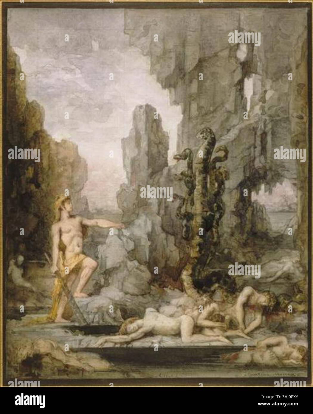 'Hercule et l'Hydre de Lerne' de Gustave Moreau dépeint le mythe d'Hercule tuant l'Hydra, illustrant le choc dramatique avec la monstrueuse créature dans les détails. Banque D'Images