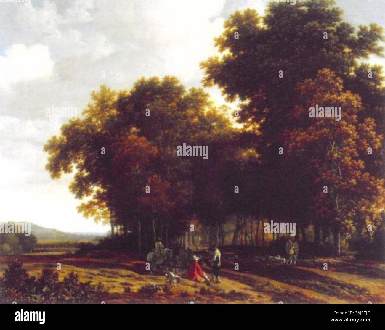La peinture à l'huile de Joris van der Haagen de 1660, « figures at the Entrance to a Wood », représente un groupe de chasse reposant dans un paysage boisé. L'œuvre reflète la peinture paysagère néerlandaise du XVIIe siècle. Banque D'Images