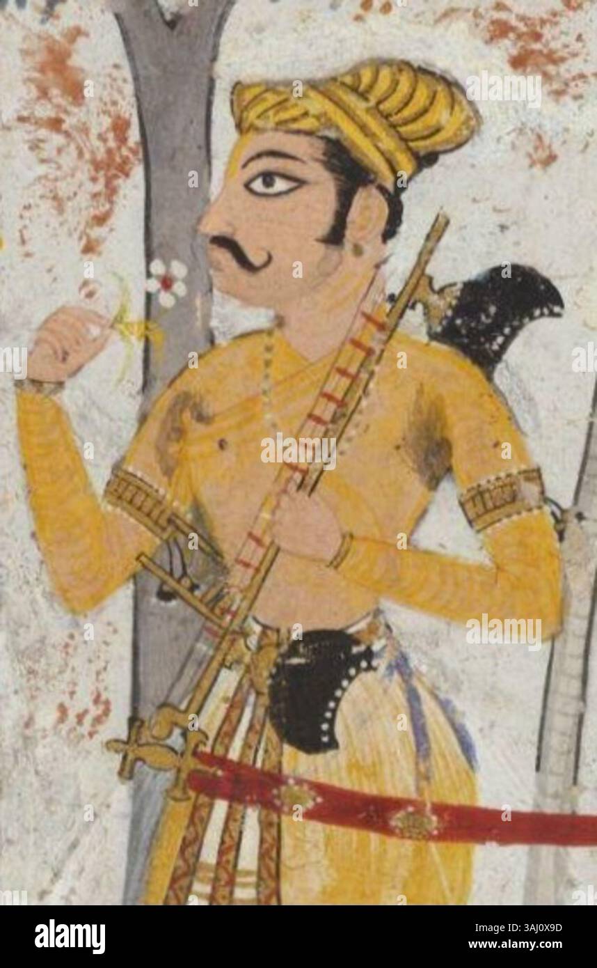 Cette section recadrée d'une peinture du XVIIe siècle de Mewar, en Inde, représente un prince jouant de la kinnari vina, un instrument de musique traditionnel indien. La peinture fait partie de la série Vasant Ragini de 1630 à 1640. Banque D'Images