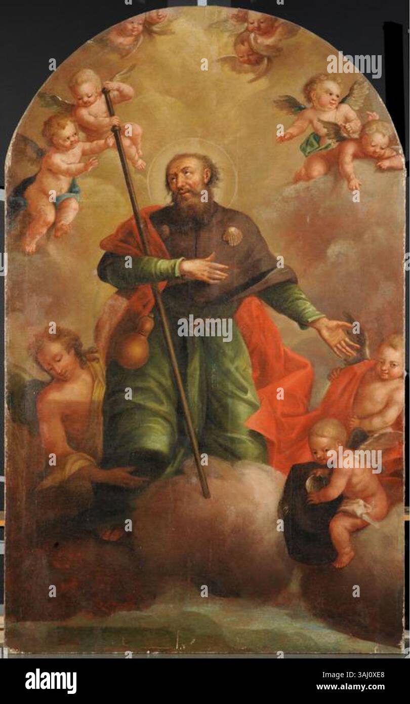 Le tableau 'Povelianje sv. Jakoba' de l'artiste slovène Janez Andrej Herrlein, créé dans les années 1780, représente une scène religieuse et est logé dans l'église Kostanjevica na Dolenjskem. Le travail huile sur toile représente un exemple clé du baroque slovène compris Banque D'Images