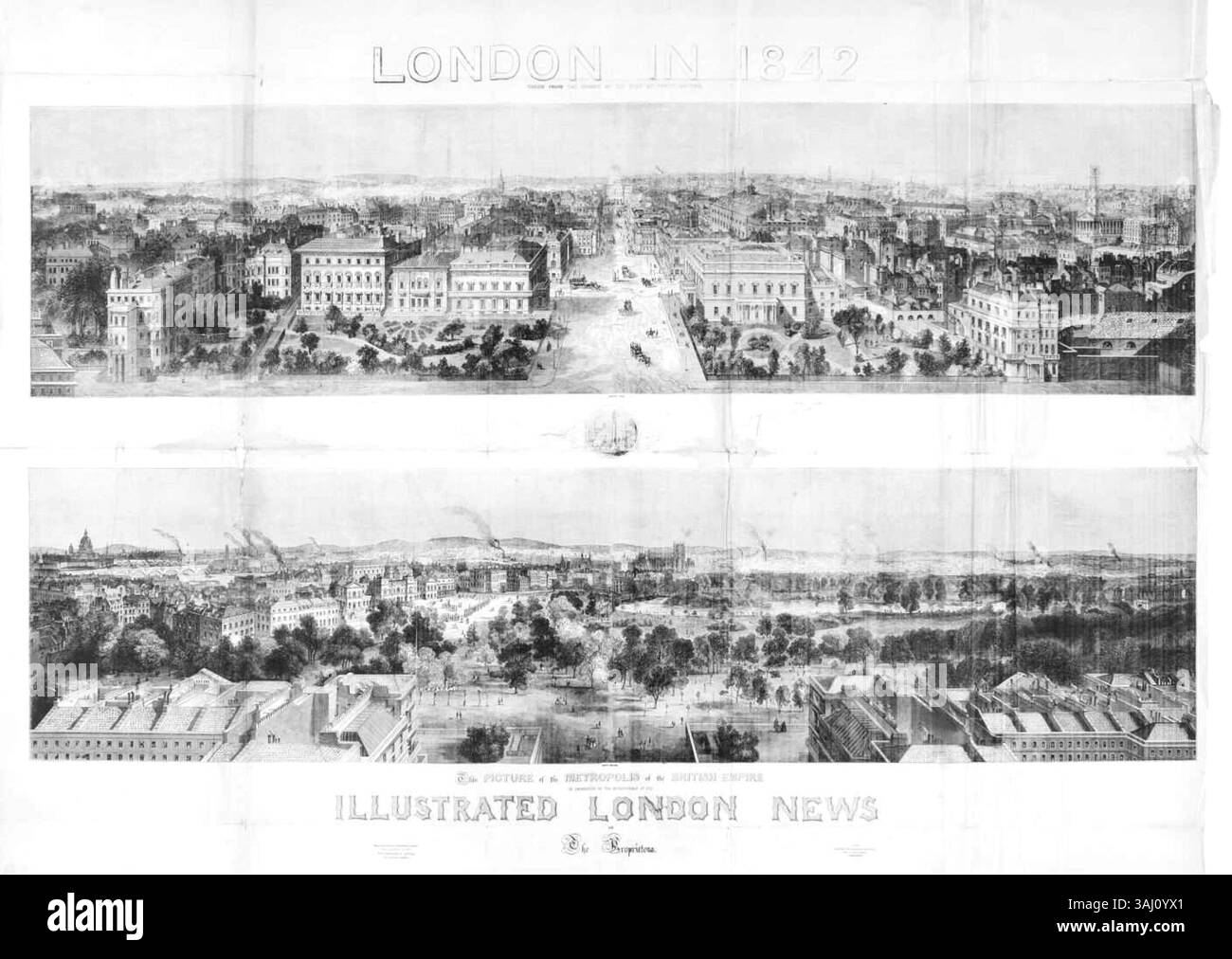 Cette estampe de 1843 montre une vue panoramique de Londres en 1842, telle qu'elle a été capturée depuis la colonne du duc d'York. L'œuvre est basée sur une photographie d'Antoine Claudet et a été convertie en gravure sur bois par Ebenezer Landells, offrant une représentation détaillée de Londres au XIXe siècle, mettant en valeur le nord et le sud de Londres. Banque D'Images